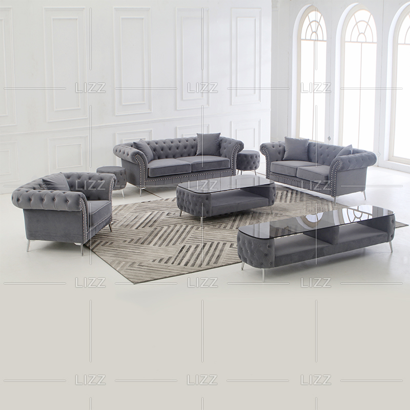 Gray Living Room Set Chesterfield Velvet Fabric Sofa