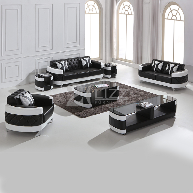 Black and White Leather Sectional Sofa Living Room Set