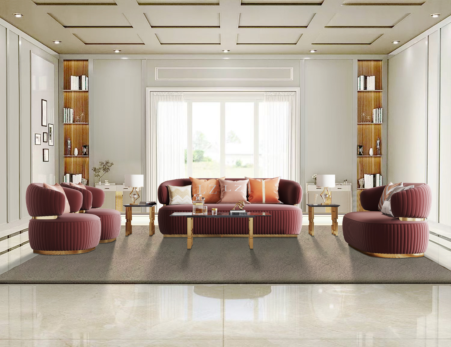 Luxury Modular Furniture Velvet Fabric Sofa with Gold Decoration