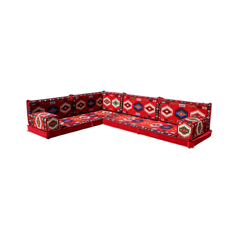 4" Thickness Red Fabric L Shaped Floor Seatings Arabic Sofa Seating