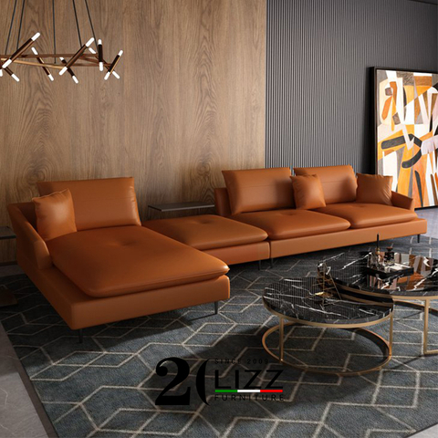 Minimalist Living Room Orange Leather Lounge Sofa