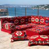 4" Thickness Red Fabric L Shaped Floor Seatings Arabic Sofa Seating