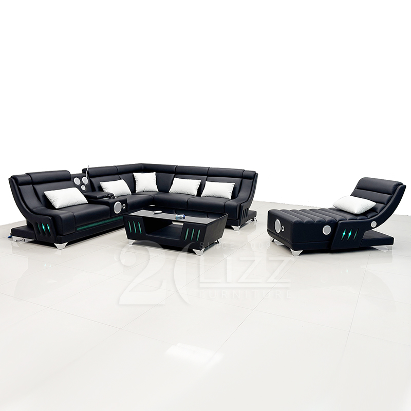 Futuristic Functional Leather Sectional Corner Sofa And Chaise with Music Player And Led Light