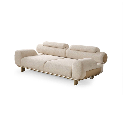 Golden Wood Base Round Back Boucle Fabric Beige Sofa Set