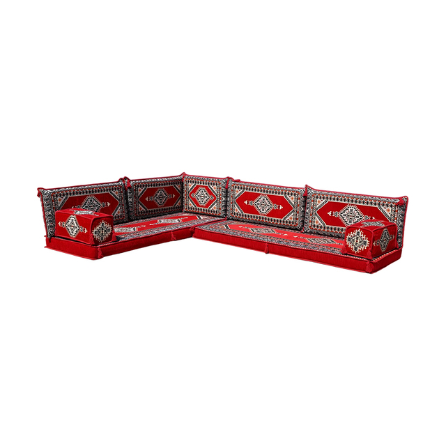Red Color Floor Cushions L Shaped Arabic Seating Sofas Traditional Majlis