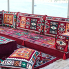 Maroon Fabric L Shape Floor Pillow Couch Arabic Majlis Sectional Sofa Set