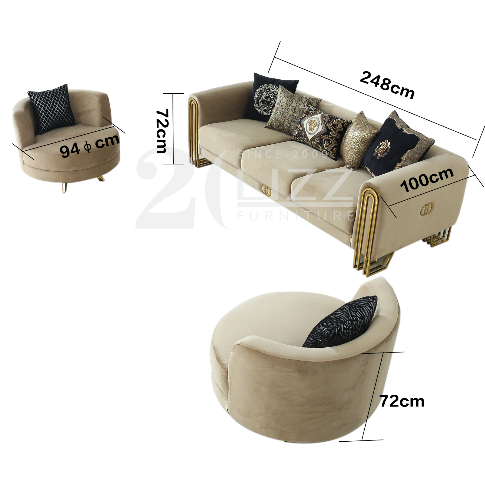 Luxury Brand Gold Leg Brown Fabric Sectional Sofa and Chair