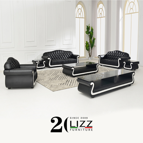 Royal Living Room Sofa Set Black Leather Chesterfield Couch