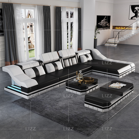 L Shape Leather Led Sectional Sofa with Coffee Table