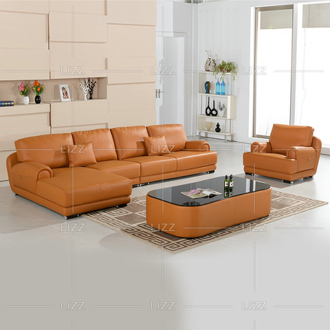 Modern L-shape Living Room Orange Leather Sectional Sofa