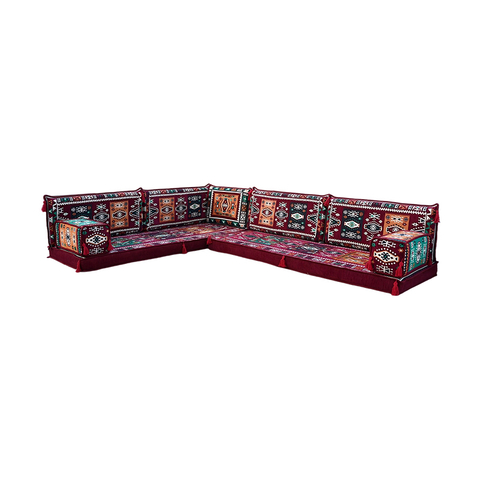Maroon Fabric L Shape Floor Pillow Couch Arabic Majlis Sectional Sofa Set