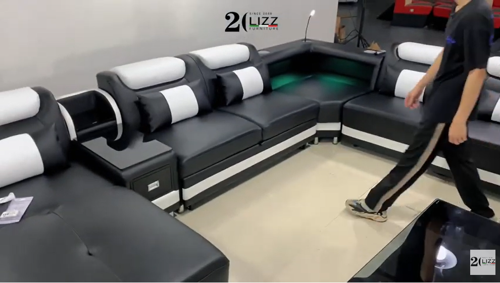 LZ2207 Multi-functions U shape Leather Sectional: Recliner & Sofa Bed & LED & Speaker