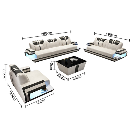 1+2+3 Smart Led Sectional Leather Sofa with Coffee Table