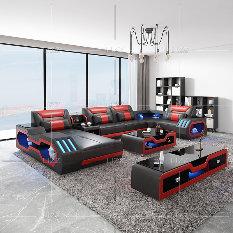 Couch Leather Led Sectional Red and Black Sofa with Pillow Backs