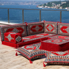 Red Color Floor Cushions L Shaped Arabic Seating Sofas Traditional Majlis