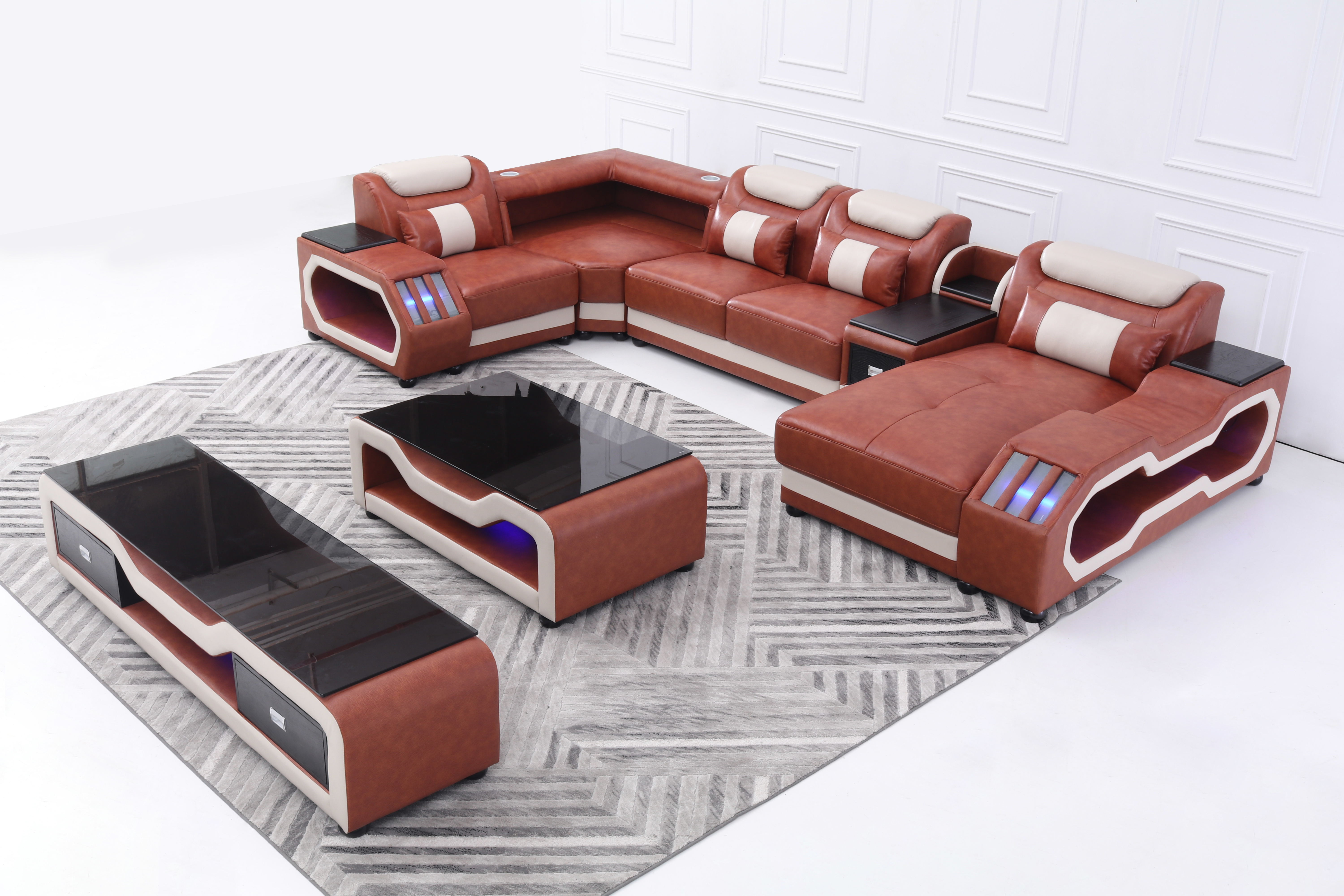 Single U Shaped Grey Brown Living Room Sofa