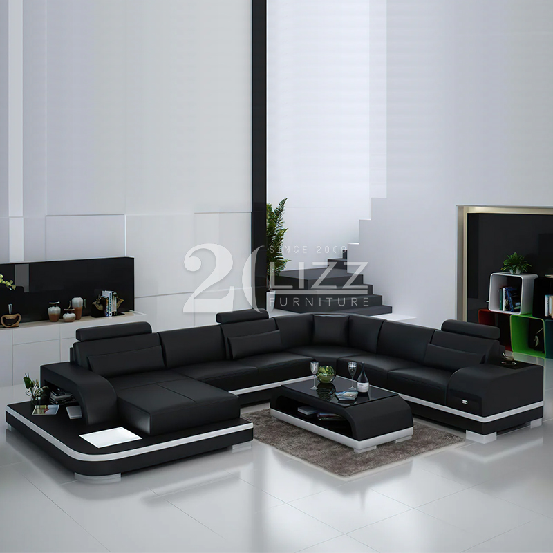 Futuristic Living Room Furniture Everly Modern Leather Sectional U-shape Sofa