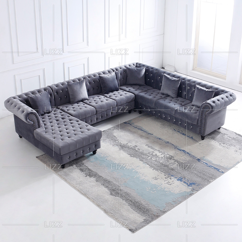 American Style Living Room Sectional Velvet Fabric Chesterfield Sofa