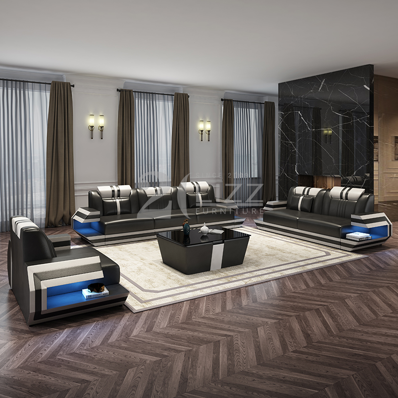 Geometric Design Modern Leather Sofa Set with Color LED Light
