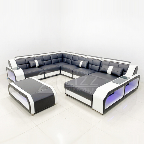 Futuristic LED Light U-shape Leather Sectional Corner Sofa Set with Coffee Table
