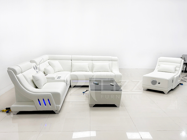 Futuristic Functional Leather Sectional Corner Sofa And Chaise with Music Player And Led Light