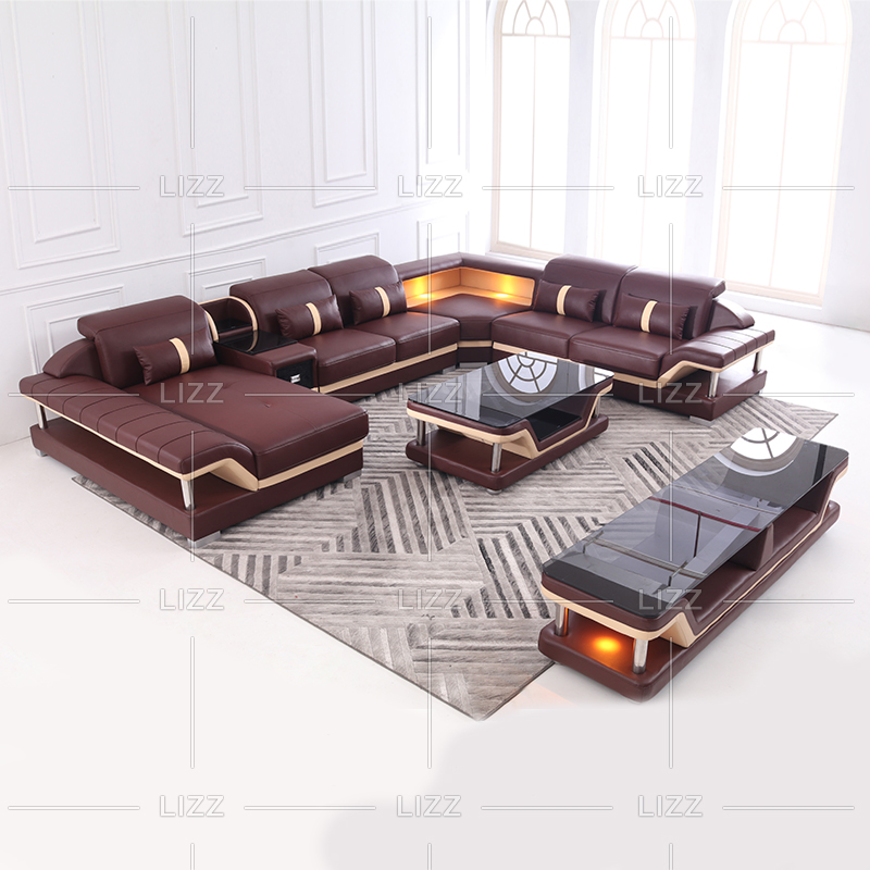 Brown Leather Living Room Set Led Sectional Sofas with Coffee Table