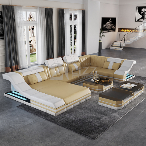 U Shape Leather Led Sectional Sofa with Coffee Table