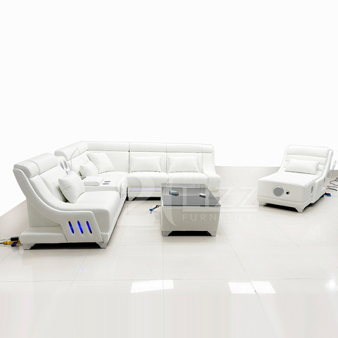 Futuristic Multifunctional Music Player LED Light Leather Sectionals Corner Sofas
