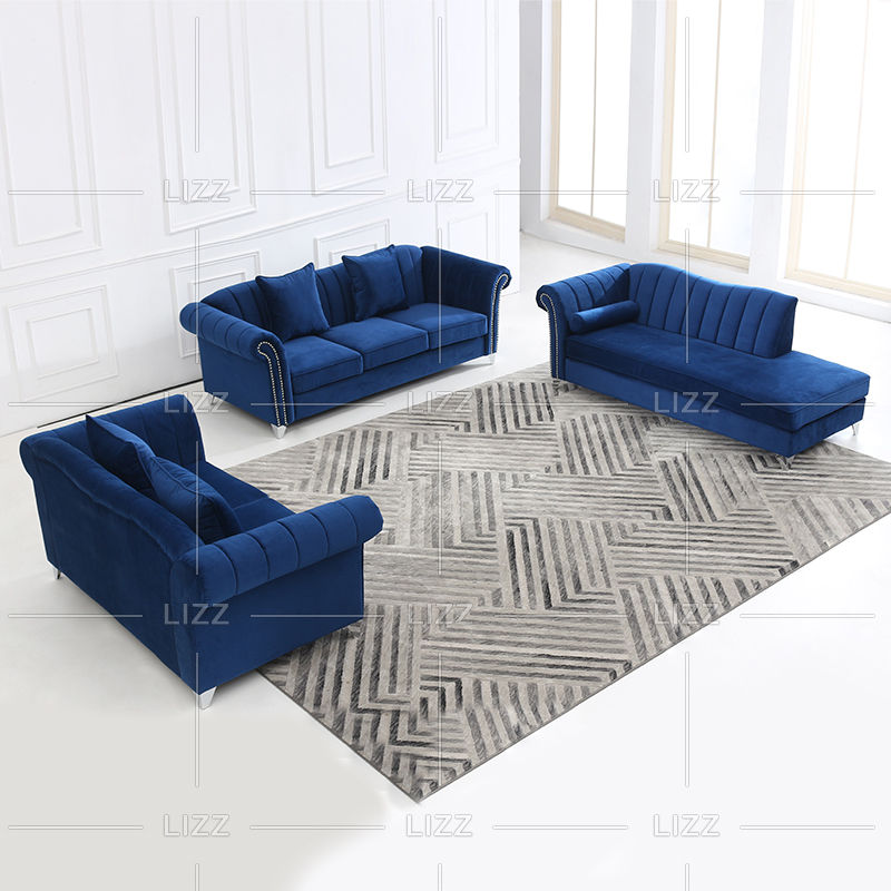 Contemporary Navy Fabric Sofa Loveseat and Chaise