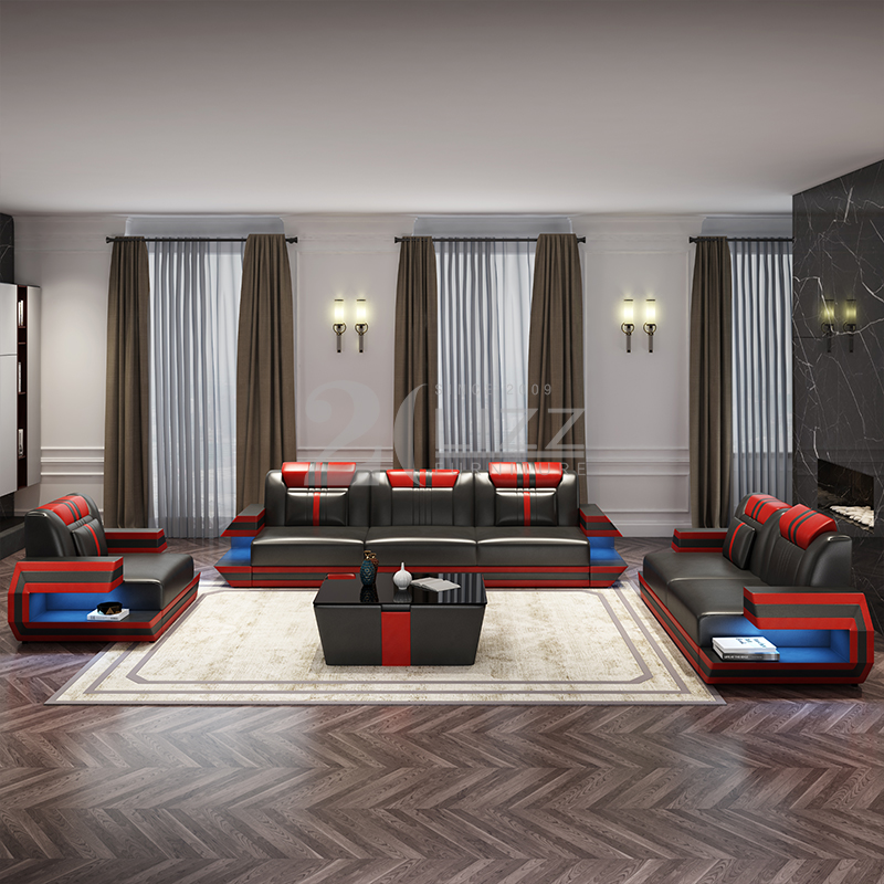 Geometric Design Modern Leather Sofa Set with Color LED Light