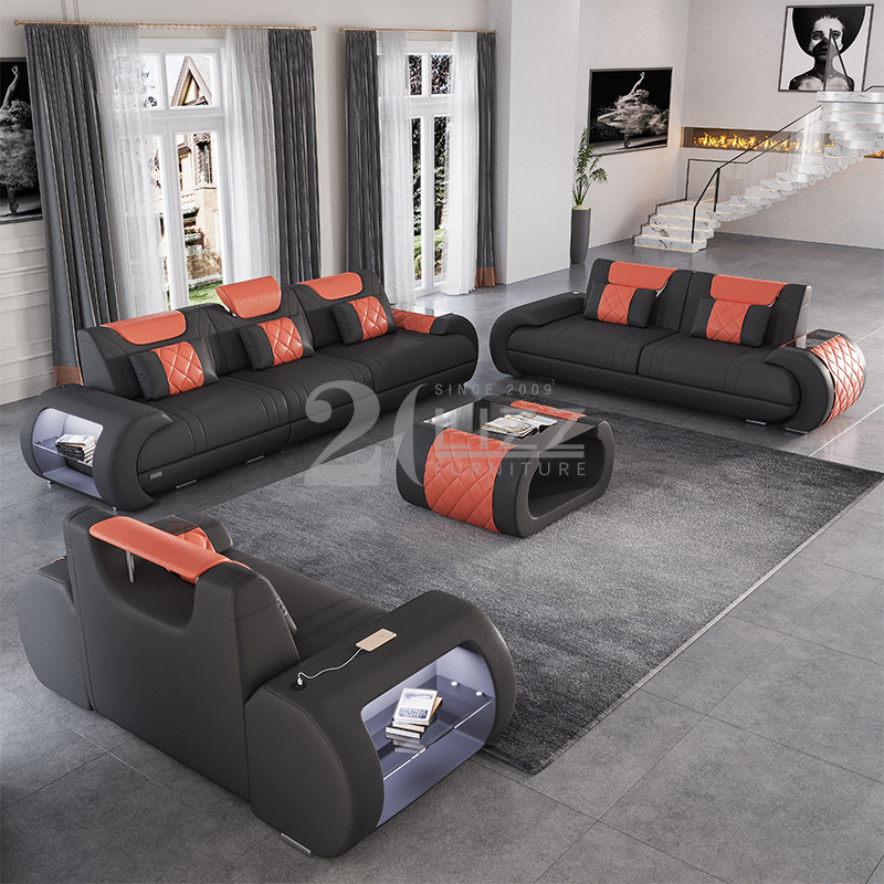 America Leather Living Room Led Sofa with Coffee Table