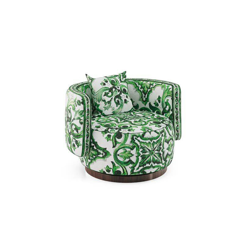 Luxury Italian Accent Chair Green Fabric Swivel Chair Round Shaped Armchair