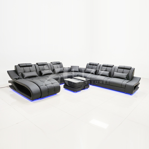 Futuristic Sectional Lounge Furniture LED Cupholder USB New Design Leather Couch