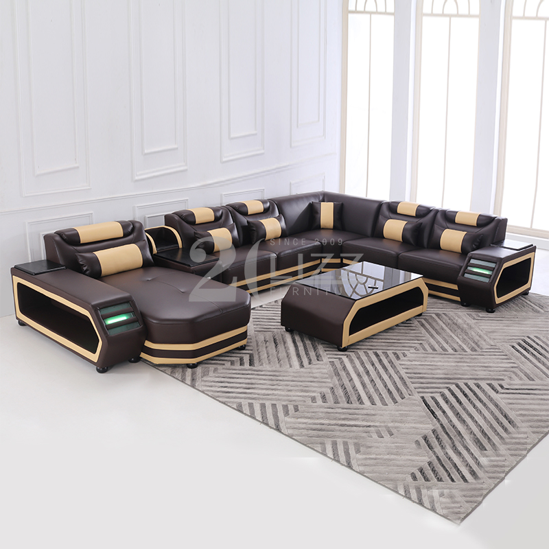 Futuristic Furniture Modern Brown Leather Sectional U-shape Sofa
