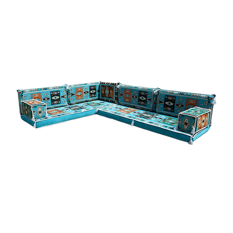 Vivid Blue Fabric Floor Sofa Seating Set L Shape Corner Arabic Sofa Set