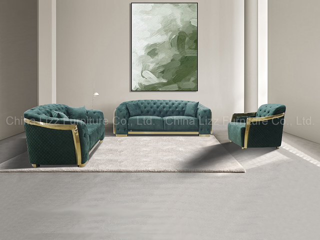 Luxury Lifestyle Fabric Chesterfield Tufted Sofa Set with Gold Steel