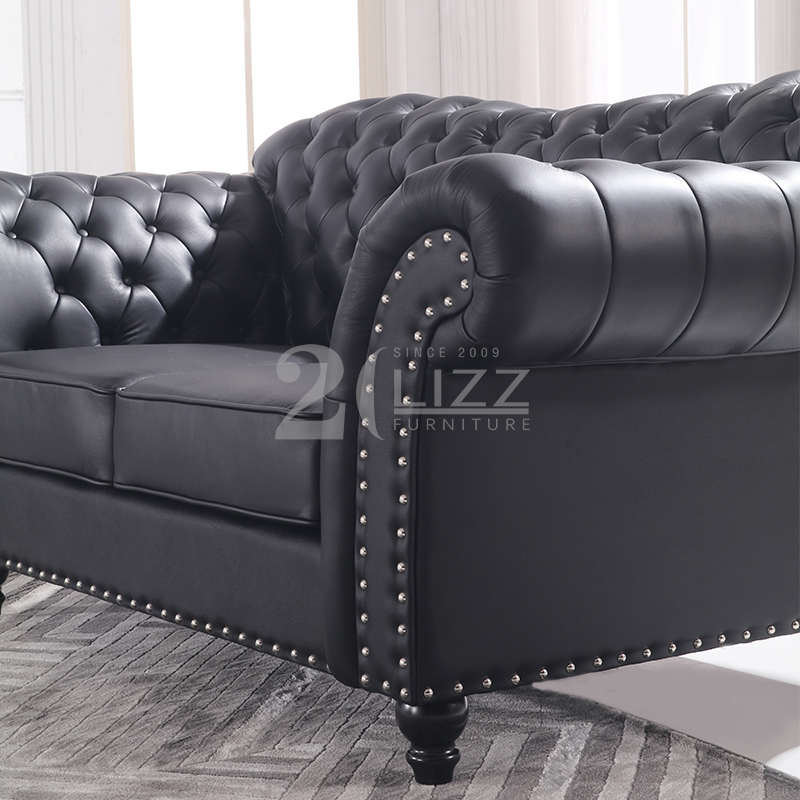 Classic Chesterfield Leather Black Living Room Sofa