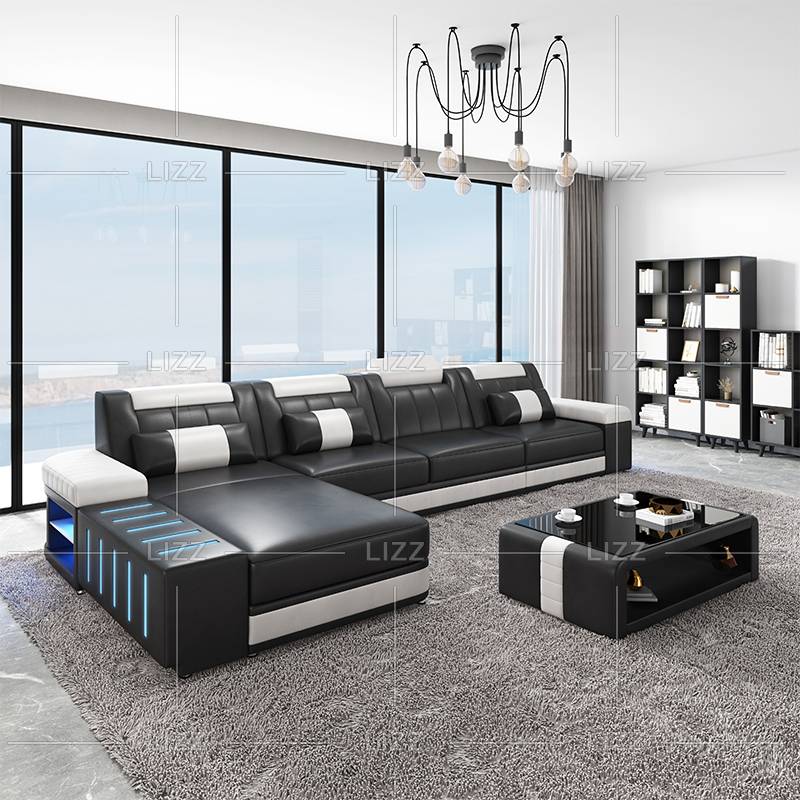 Futuristic Sofa Furniture L Shape Led Sectional Leather Sofa