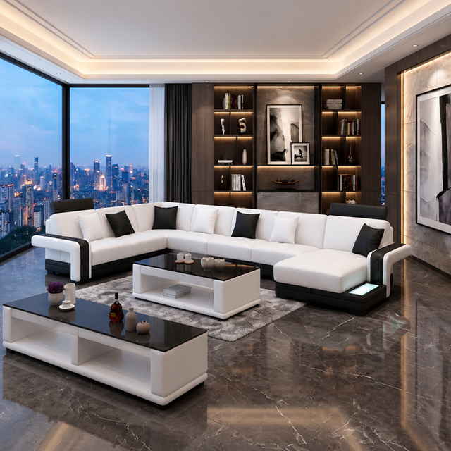 Living Room Furniture LED Sofa U-shape Leather Sectional Chaise Lounge