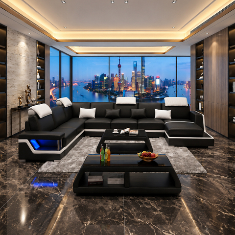European Modular Leather Couches Chaise Lounge Furniture Black Leather Sofa