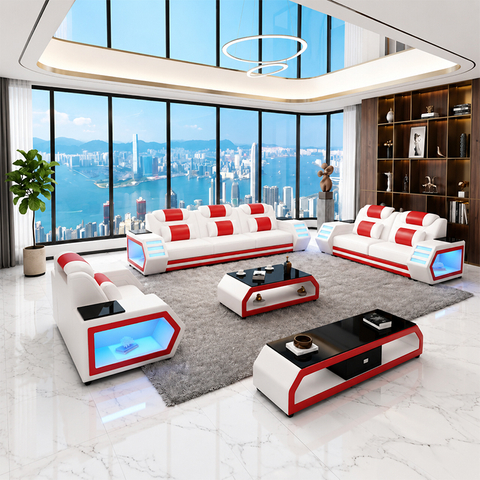 American Popular Home Furniture LED Light Black Leather Couch Italian Sofa Set