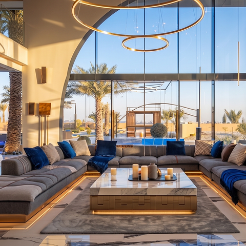Arabic Conference Room U-shape Sectional Majlis Sofa Fabric Couch with Stainless Steel Base LED Light